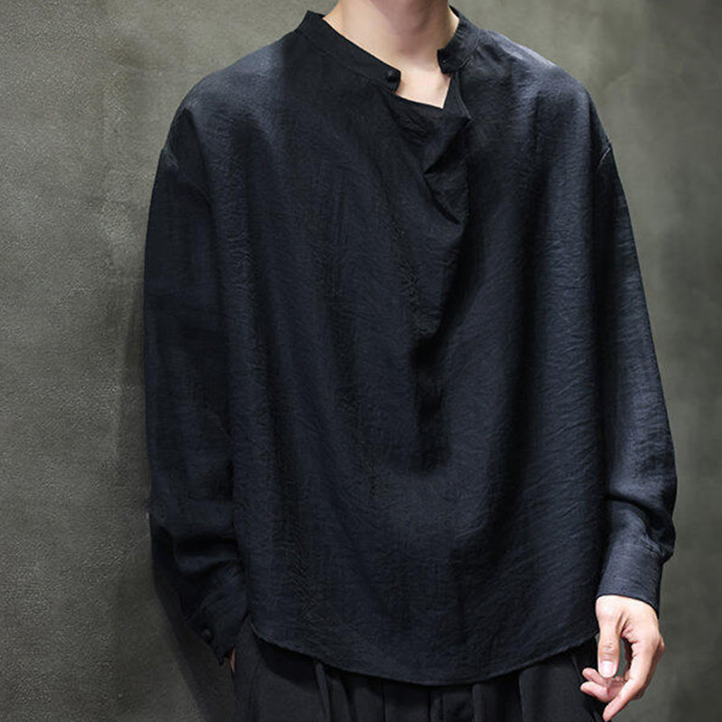 Camicia da uomo in lino a maniche lunghe con colletto rialzato e plissettato, tinta unita, modello Buddha Stones - image 12