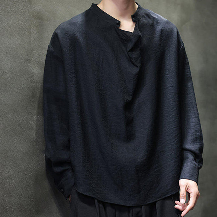 Camicia da uomo in lino a maniche lunghe con colletto rialzato e plissettato, tinta unita, modello Buddha Stones - image 12