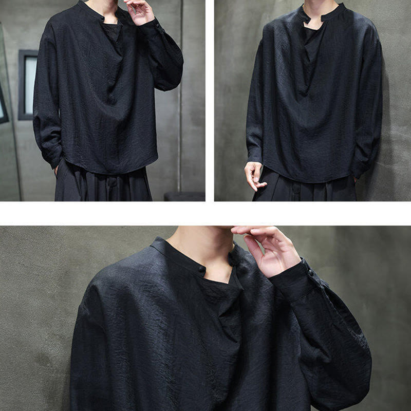 Camicia da uomo in lino a maniche lunghe con colletto rialzato e plissettato, tinta unita, modello Buddha Stones - image 16