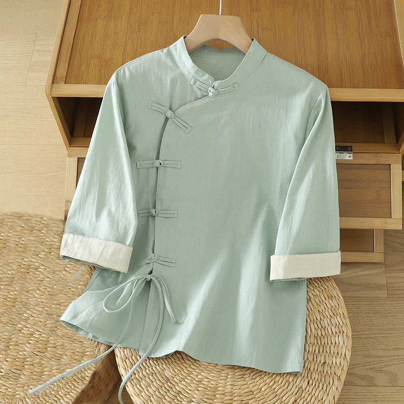 Camicia da donna in cotone con lacci, stile patchwork, casual e vintage, con motivo a rana cinese, motivo Buddha Stones - Acquamarina - US8-10, UK/AU12-14, EU40-42 (2XL) - image 0