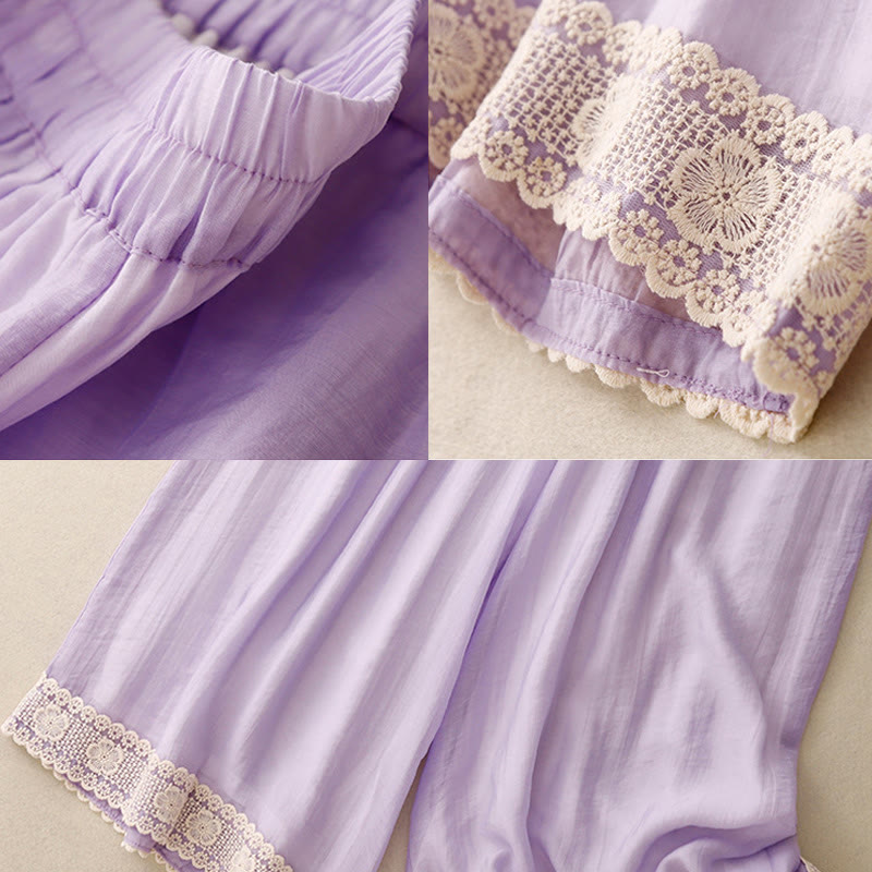Pantaloni da donna in cotone e lino con tasche, Buddha Stones, modello primavera vintage casual, tinta unita, con polsini patchwork in pizzo - image 19
