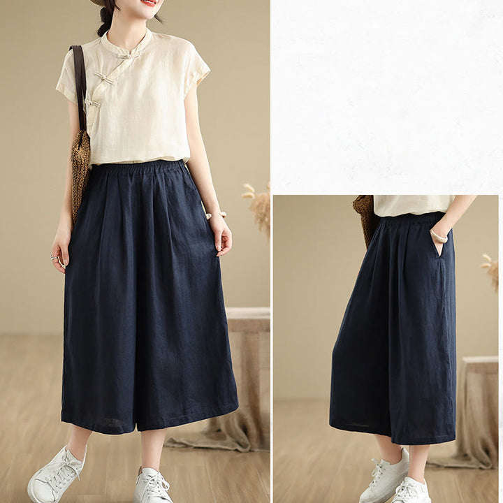 Pantaloni da donna in cotone a gamba larga con tasche, Buddha Stones, modello estivo, tinta unita, patchwork, design semplice - image 22