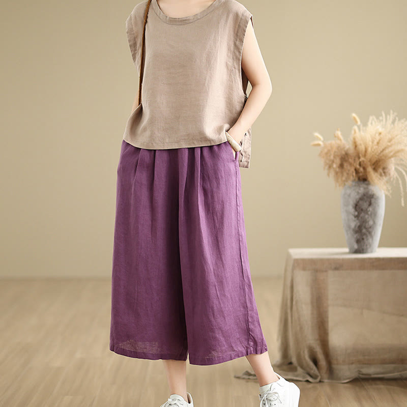 Pantaloni da donna in cotone a gamba larga con tasche, Buddha Stones, modello estivo, tinta unita, patchwork, design semplice - image 9