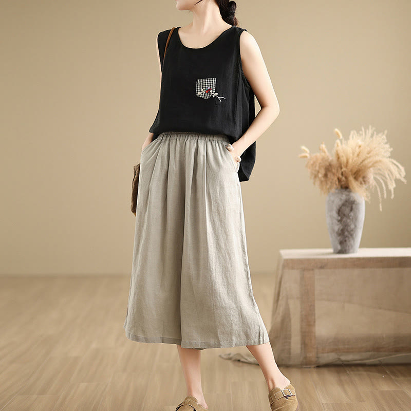 Pantaloni da donna in cotone a gamba larga con tasche, Buddha Stones, modello estivo, tinta unita, patchwork, design semplice - image 16