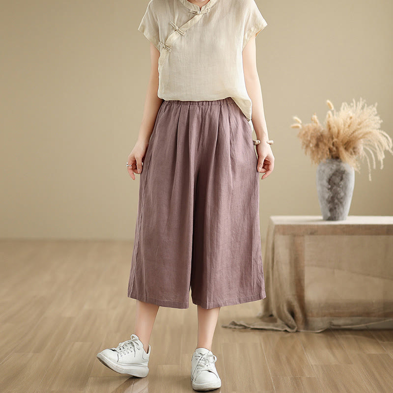 Pantaloni da donna in cotone a gamba larga con tasche, Buddha Stones, modello estivo, tinta unita, patchwork, design semplice - image 3