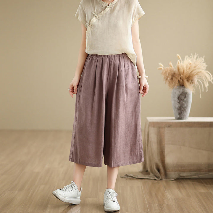 Pantaloni da donna in cotone a gamba larga con tasche, Buddha Stones, modello estivo, tinta unita, patchwork, design semplice - image 3