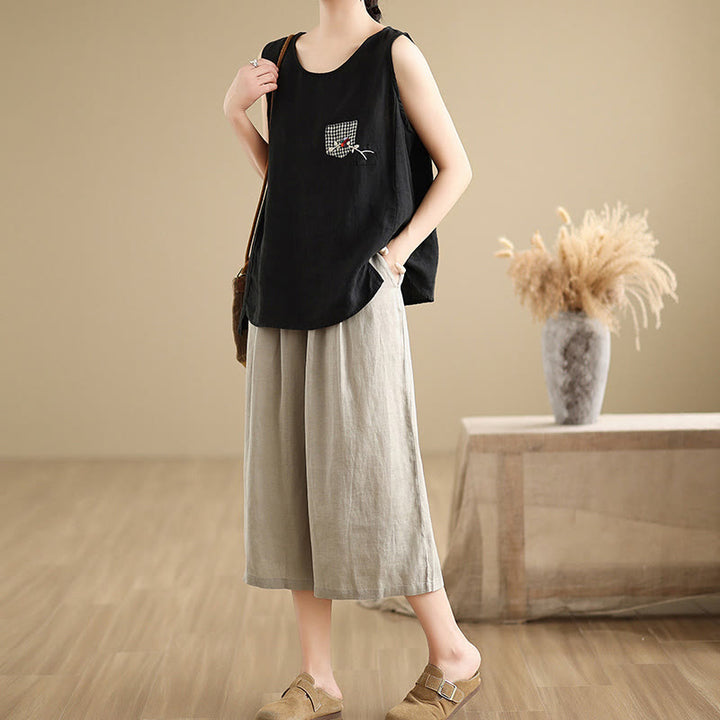 Pantaloni da donna in cotone a gamba larga con tasche, Buddha Stones, modello estivo, tinta unita, patchwork, design semplice - image 15