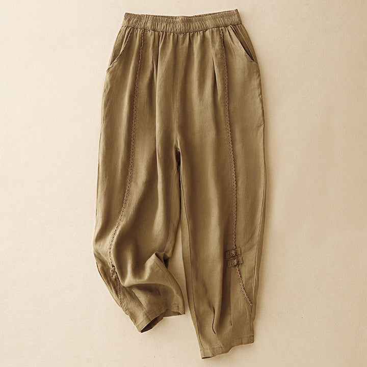 Pantaloni da donna in cotone e lino con tasche, vita alta , Buddha Stones Summer