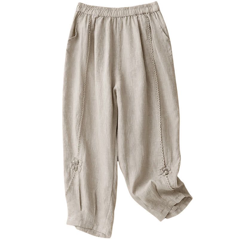 Pantaloni da donna in cotone e lino con tasche, vita alta , Buddha Stones Summer