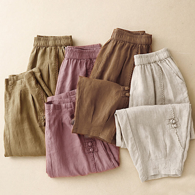 Pantaloni da donna in cotone e lino con tasche, vita alta , Buddha Stones Summer