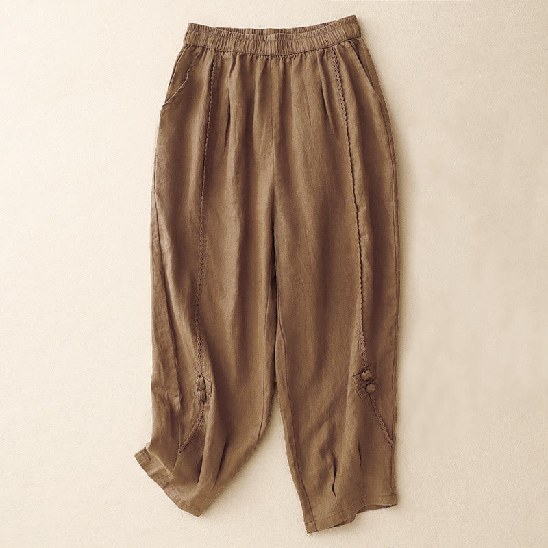 Pantaloni da donna in cotone e lino con tasche, vita alta , Buddha Stones Summer
