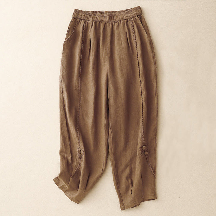 Pantaloni da donna in cotone e lino con tasche, vita alta , Buddha Stones Summer