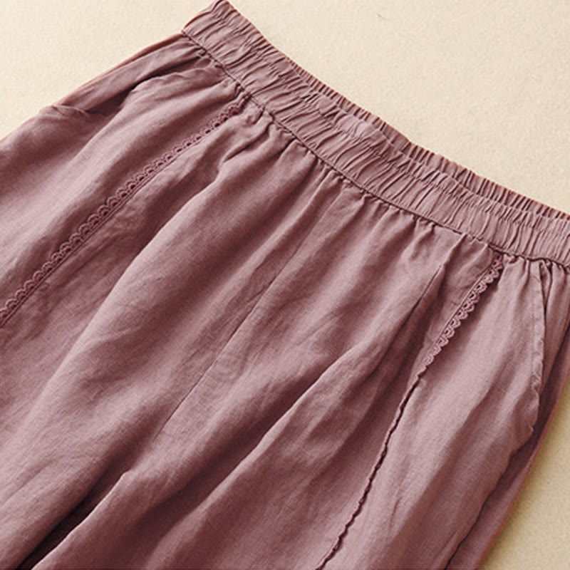 Pantaloni da donna in cotone e lino con tasche, vita alta , Buddha Stones Summer