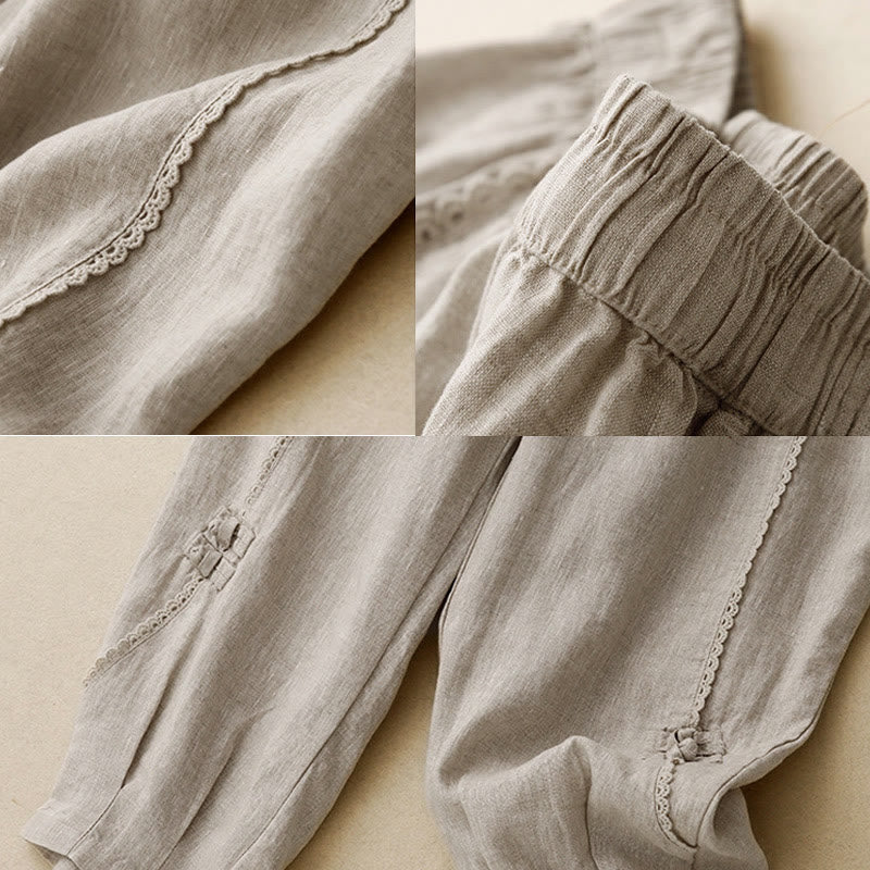 Pantaloni da donna in cotone e lino con tasche, vita alta , Buddha Stones Summer