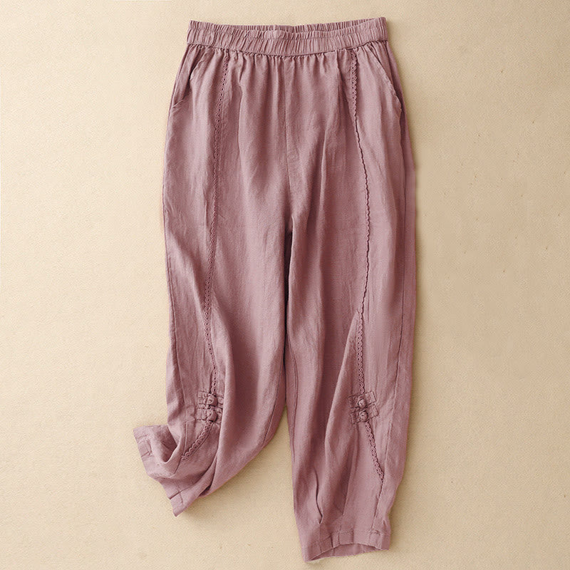 Pantaloni da donna in cotone e lino con tasche, vita alta , Buddha Stones Summer