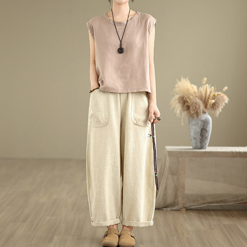 Pantaloni harem da donna in cotone e lino con tasche, casual, semplici e quotidiani, modello Buddha Stones