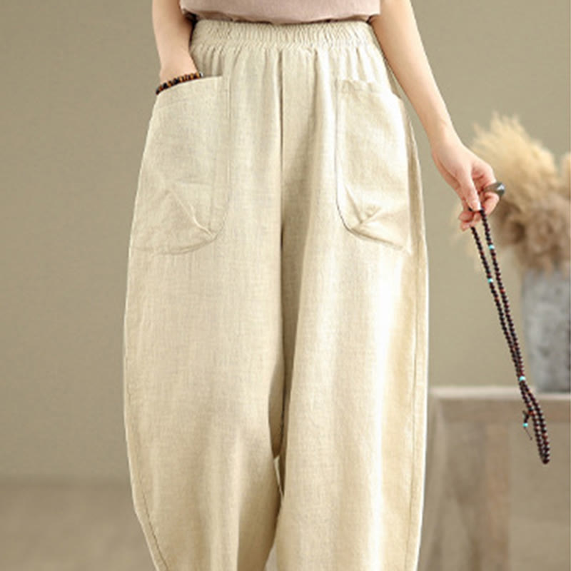 Pantaloni harem da donna in cotone e lino con tasche, casual, semplici e quotidiani, modello Buddha Stones