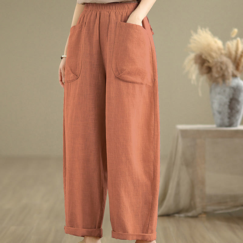 Pantaloni harem da donna in cotone e lino con tasche, casual, semplici e quotidiani, modello Buddha Stones