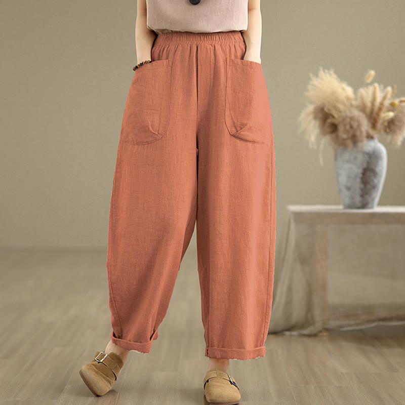 Pantaloni harem da donna in cotone e lino con tasche, casual, semplici e quotidiani, modello Buddha Stones