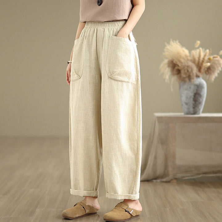 Pantaloni harem da donna in cotone e lino con tasche, casual, semplici e quotidiani, modello Buddha Stones - image 2