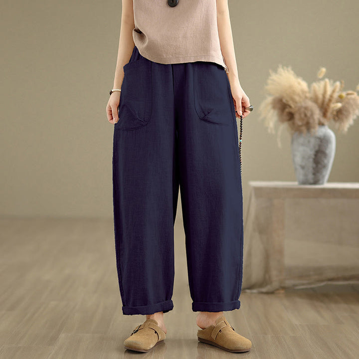 Pantaloni harem da donna in cotone e lino con tasche, casual, semplici e quotidiani, modello Buddha Stones