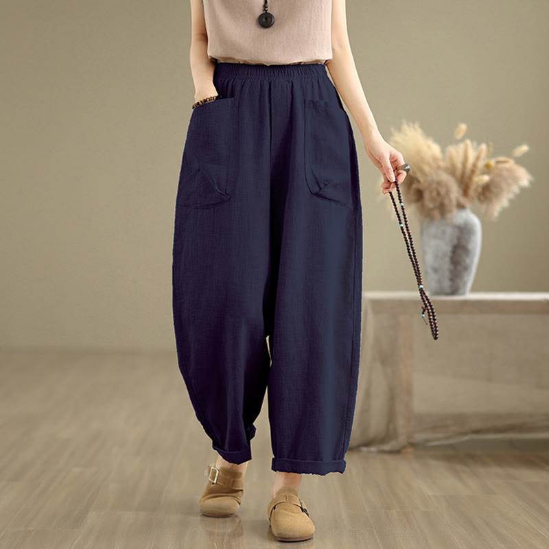 Pantaloni harem da donna in cotone e lino con tasche, casual, semplici e quotidiani, modello Buddha Stones