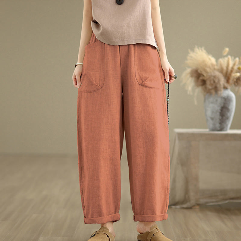 Pantaloni harem da donna in cotone e lino con tasche, casual, semplici e quotidiani, modello Buddha Stones
