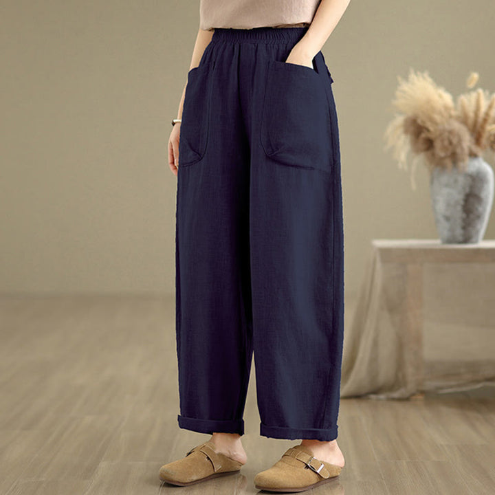 Pantaloni harem da donna in cotone e lino con tasche, casual, semplici e quotidiani, modello Buddha Stones