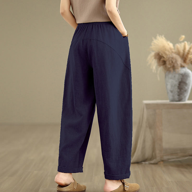 Pantaloni harem da donna in cotone e lino con tasche, casual, semplici e quotidiani, modello Buddha Stones