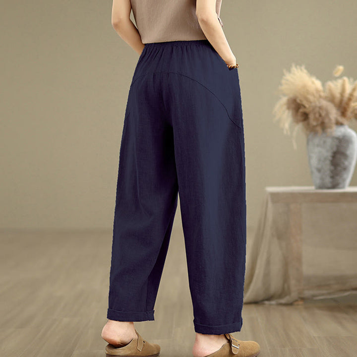 Pantaloni harem da donna in cotone e lino con tasche, casual, semplici e quotidiani, modello Buddha Stones