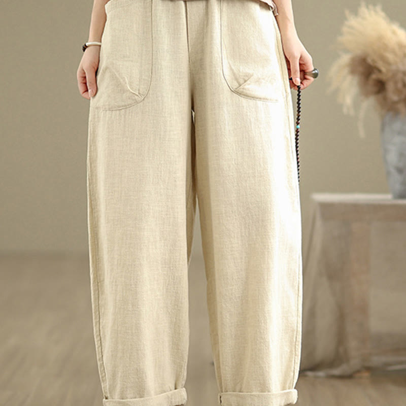Pantaloni harem da donna in cotone e lino con tasche, casual, semplici e quotidiani, modello Buddha Stones