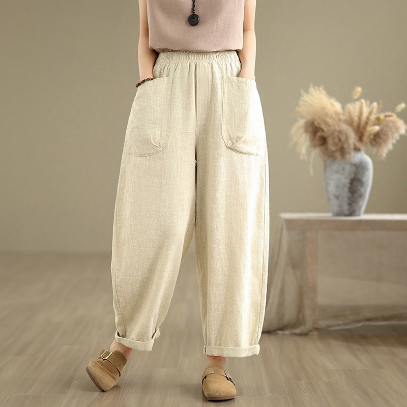 Pantaloni harem da donna in cotone e lino con tasche, casual, semplici e quotidiani, modello Buddha Stones - Beige - US8-10, UK/AU12-14, EU40-42 (2XL) - image 0