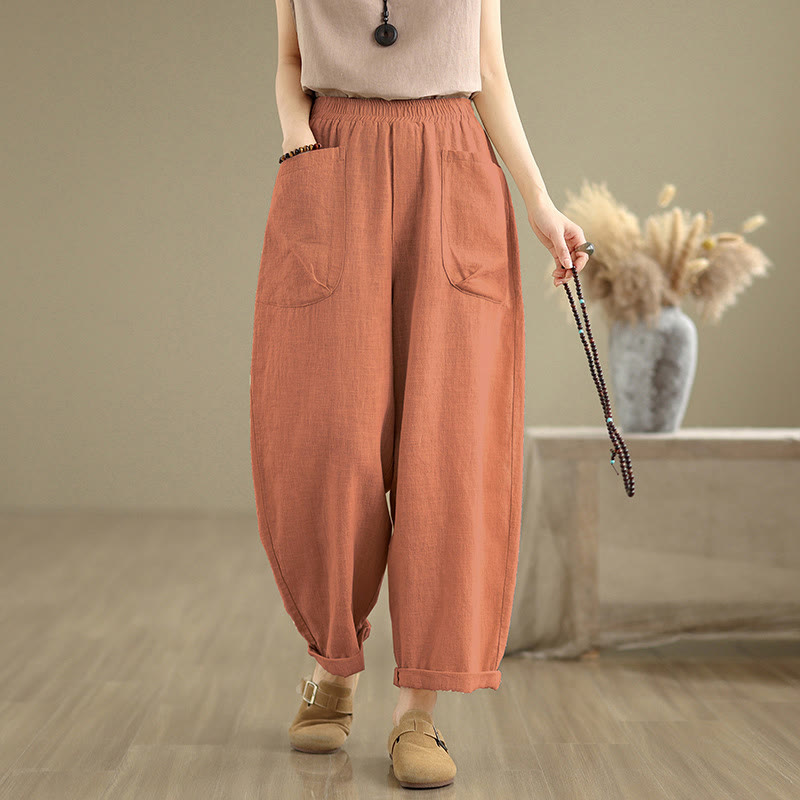 Pantaloni harem da donna in cotone e lino con tasche, casual, semplici e quotidiani, modello Buddha Stones