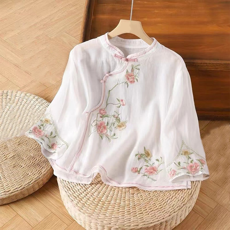 Buddha Stones da donna in cotone e lino con scollo a giro, casual, vintage, con ricamo a fiori, motivo cinese a rana e bottoni - Bianco - US12, UK/AU16, EU44 (3XL) - image 2