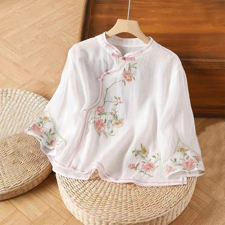 Buddha Stones da donna in cotone e lino con scollo a giro, casual, vintage, con ricamo a fiori, motivo cinese a rana e bottoni - Bianco - US12, UK/AU16, EU44 (3XL) - image 2