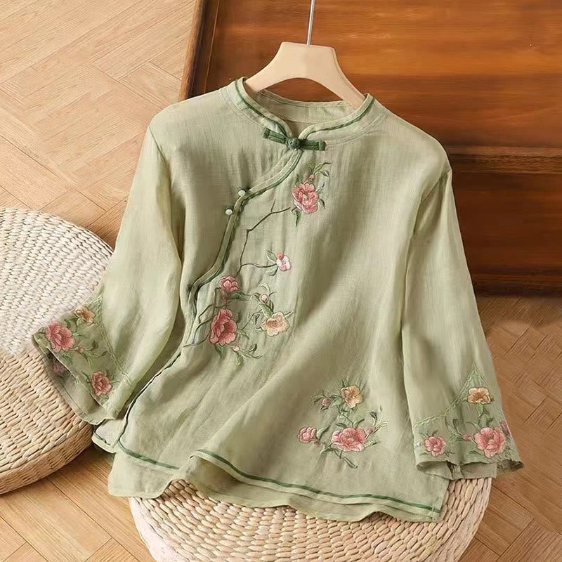 Buddha Stones da donna in cotone e lino con scollo a giro, casual, vintage, con ricamo a fiori, motivo cinese a rana e bottoni - Verde chiaro - US12, UK/AU16, EU44 (3XL) - image 5