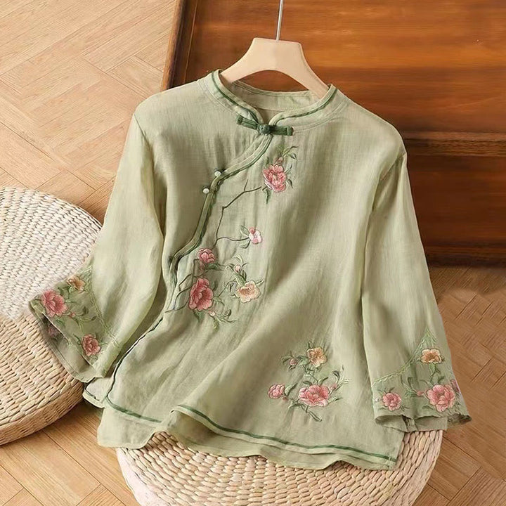 Buddha Stones da donna in cotone e lino con scollo a giro, casual, vintage, con ricamo a fiori, motivo cinese a rana e bottoni - Verde chiaro - US12, UK/AU16, EU44 (3XL) - image 5