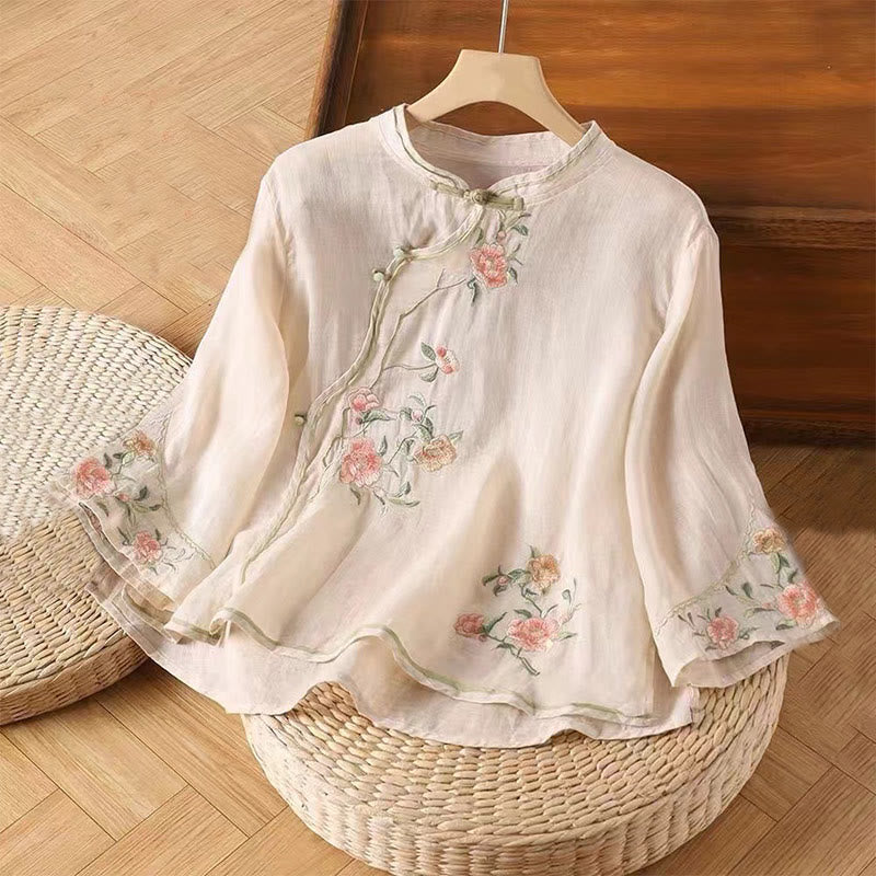 Buddha Stones da donna in cotone e lino con scollo a giro, casual, vintage, con ricamo a fiori, motivo cinese a rana e bottoni - MistyRose - US12, UK/AU16, EU44 (3XL) - image 1