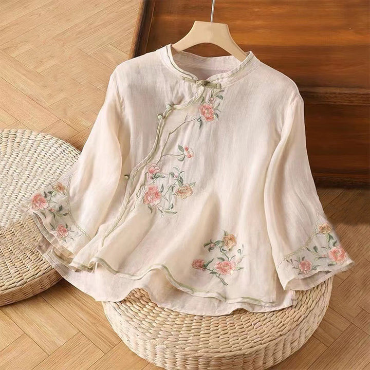 Buddha Stones da donna in cotone e lino con scollo a giro, casual, vintage, con ricamo a fiori, motivo cinese a rana e bottoni - Rosa Nebbiosa - US12, UK/AU16, EU44 (3XL) - image 0