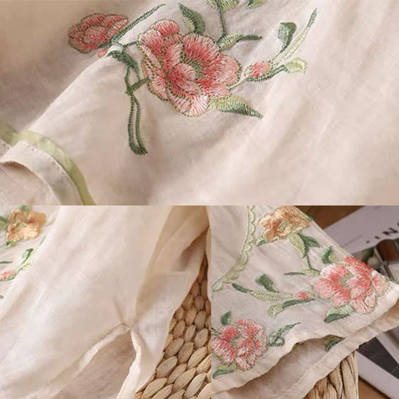 Buddha Stones da donna in cotone e lino con scollo a giro, casual, vintage, con ricamo a fiori, motivo cinese a rana e bottoni - image 1