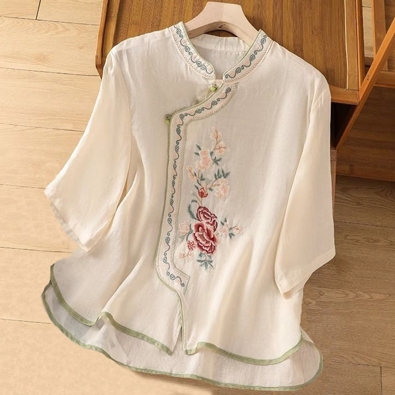 Camicia da donna in cotone e lino con colletto alto, bottoni a rana, stile etnico casual, con ricamo a fiori e Buddha Stones - Beige - US14, UK/AU18, EU46 (4XL) - image 4