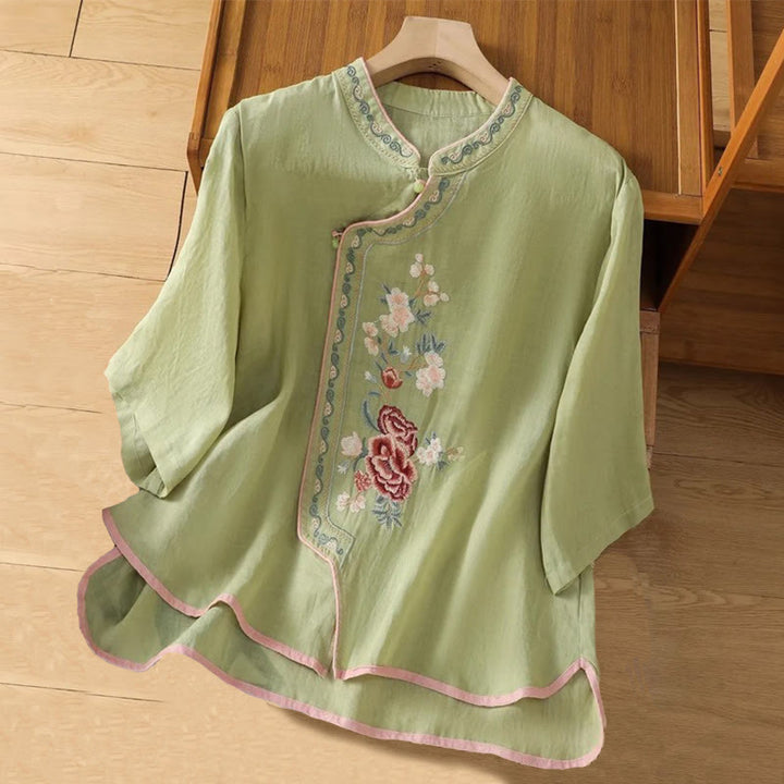 Camicia da donna in cotone e lino con colletto alto, bottoni a rana, stile etnico casual, con ricamo a fiori e Buddha Stones - Verde chiaro - US14, UK/AU18, EU46 (4XL) - image 0