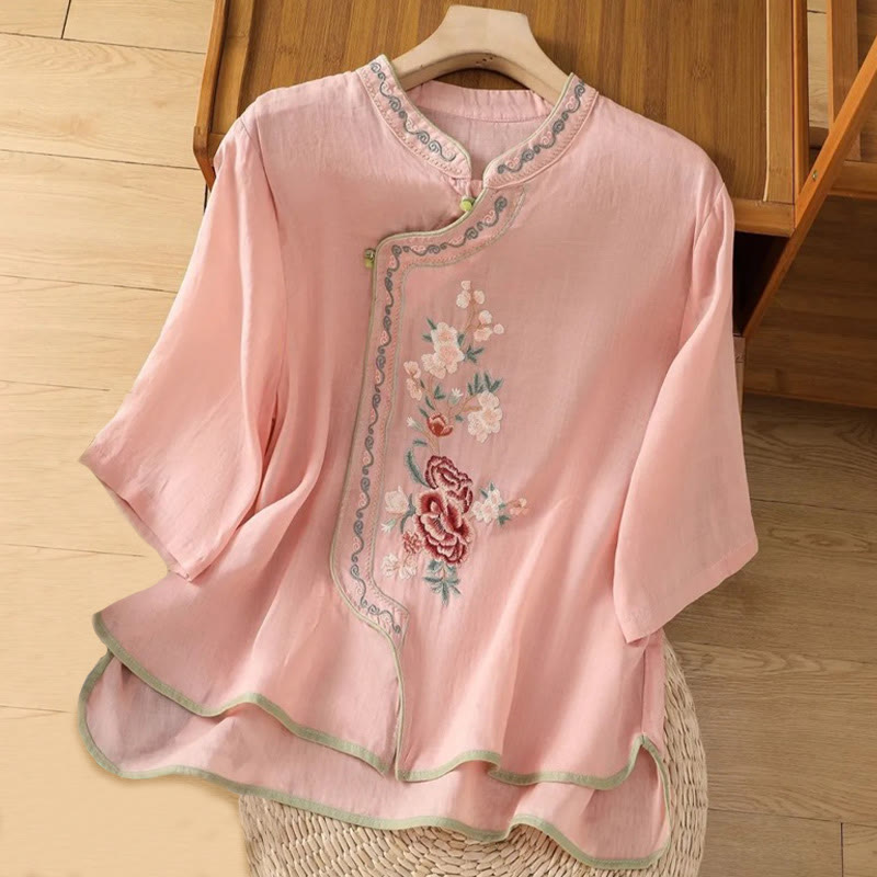 Camicia da donna in cotone e lino con colletto alto, bottoni a rana, stile etnico casual, con ricamo a fiori e Buddha Stones - Rosa chiaro - US14, UK/AU18, EU46 (4XL) - image 2