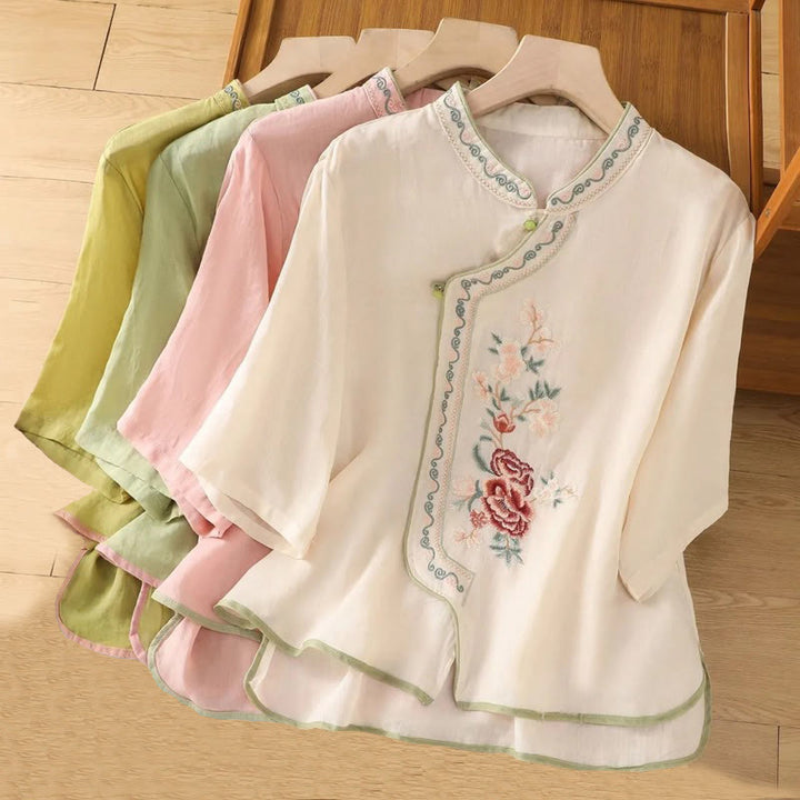 Camicia da donna in cotone e lino con colletto alto, bottoni a rana, stile etnico casual, con ricamo a fiori e Buddha Stones - image 8
