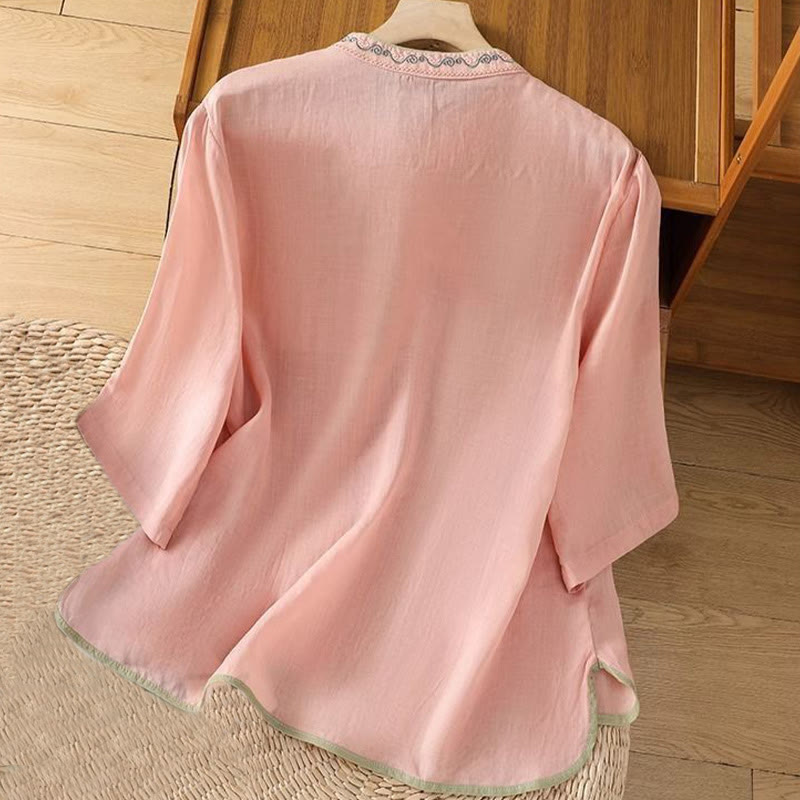 Camicia da donna in cotone e lino con colletto alto, bottoni a rana, stile etnico casual, con ricamo a fiori e Buddha Stones - image 3