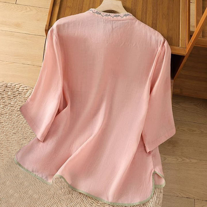 Camicia da donna in cotone e lino con colletto alto, bottoni a rana, stile etnico casual, con ricamo a fiori e Buddha Stones - image 3