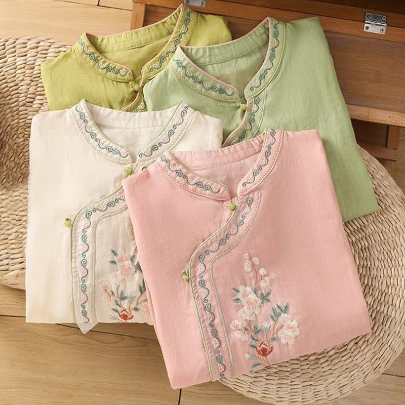 Camicia da donna in cotone e lino con colletto alto, bottoni a rana, stile etnico casual, con ricamo a fiori e Buddha Stones - image 9