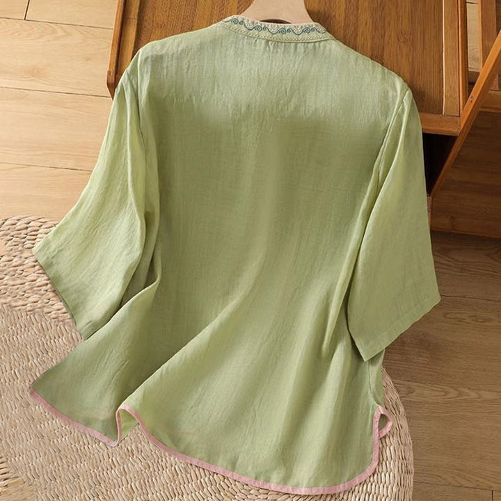 Camicia da donna in cotone e lino con colletto alto, bottoni a rana, stile etnico casual, con ricamo a fiori e Buddha Stones - image 1