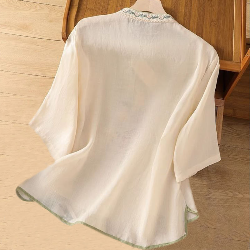 Camicia da donna in cotone e lino con colletto alto, bottoni a rana, stile etnico casual, con ricamo a fiori e Buddha Stones - image 5