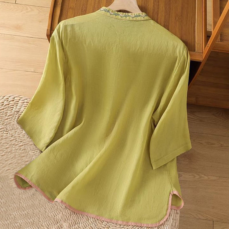 Camicia da donna in cotone e lino con colletto alto, bottoni a rana, stile etnico casual, con ricamo a fiori e Buddha Stones - image 7